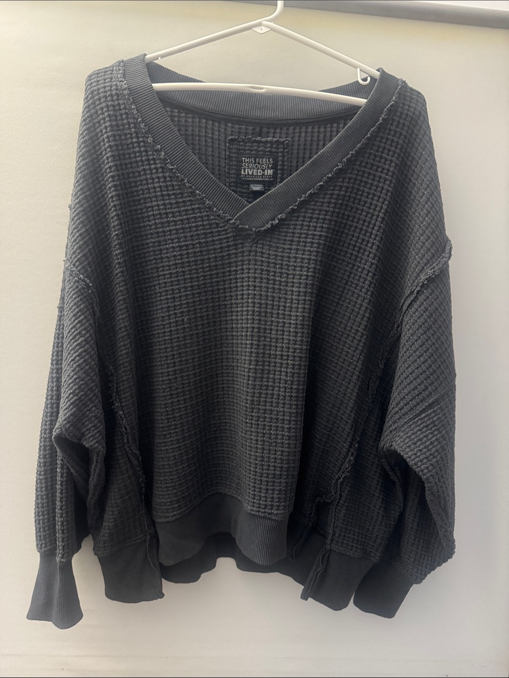 American Eagle Outfitters Charcoal Waffle V-Neck Pullover